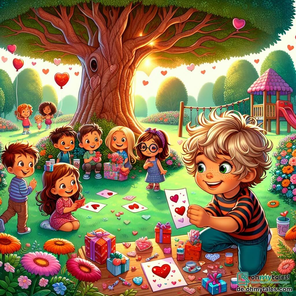 Illustration eines sonnigen Parks, gefüllt mit bunten Blumen und grünen Bäumen. In der Mitte steht ein großer majestätischer Baum, der Schatten spendet, während sich in der Nähe ein kleiner Spielplatz mit einer Schaukel und einer Rutsche befindet. Ein etwa 8-jähriger Junge mit zerzausten blonden Haaren und einem schelmischen Lächeln hält eine Valentinskarten in den Händen, bereit, sie seinen Freunden zu überreichen. Neben ihm steht ein etwa 7-jähriges Mädchen mit langen braunen Haaren und einer Brille, das begeistert zuschaut und einen Stapel mit Herzen und Glitzer verzierten Karten hält. Die Szene zeigt die Kinder, die eine Schatzsuche zum Valentinstag vorbereiten, umgeben von neugierigen Freunden. Lachen und Freude erhellen ihre Gesichter, während sich eine kleine Gruppe von Kindern, darunter ein Junge mit braunen Haaren und ein Mädchen mit lockigen Haaren, neugierig den bunten Karten nähert. Herzförmige Luftballons schweben in der Luft und verleihen der Atmosphäre eine festliche Note. Kleine Süßigkeitentüten und Spielzeuge sind auf einer Picknickdecke verstreut, was Überraschung und Freundschaft symbolisiert.