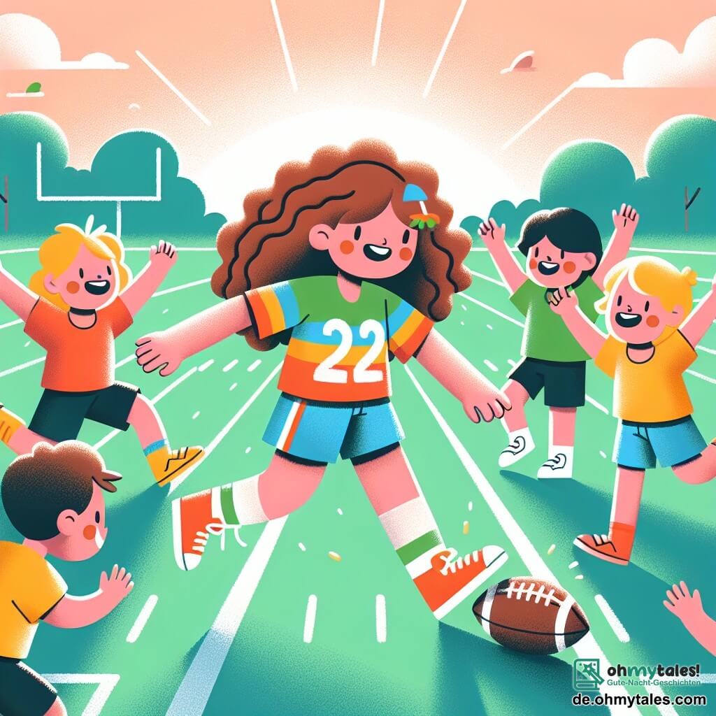 Une illustration sous forme de dessin destinée aux enfants représentant un parc ensoleillé avec un grand terrain de football verdoyant, où une jeune femme aux cheveux bruns et bouclés, portant un maillot coloré et des shorts, sourit joyeusement en dribblant un ballon de football, entourée de plusieurs enfants, garçons et filles, aux cheveux blonds et châtains, qui l'encouragent en levant les bras et en riant, illustrant un moment de camaraderie et de joie partagée autour du sport.