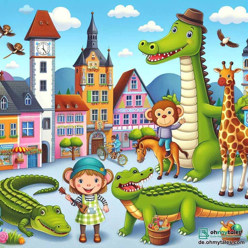 Une illustration destinée aux enfants représentant un joyeux crocodile vert, une petite fille singe curieuse, et une girafe élégante, tous ensemble dans la ville colorée de Tierhausen, où se déroulent des fêtes et des concours de cuisine amusants.