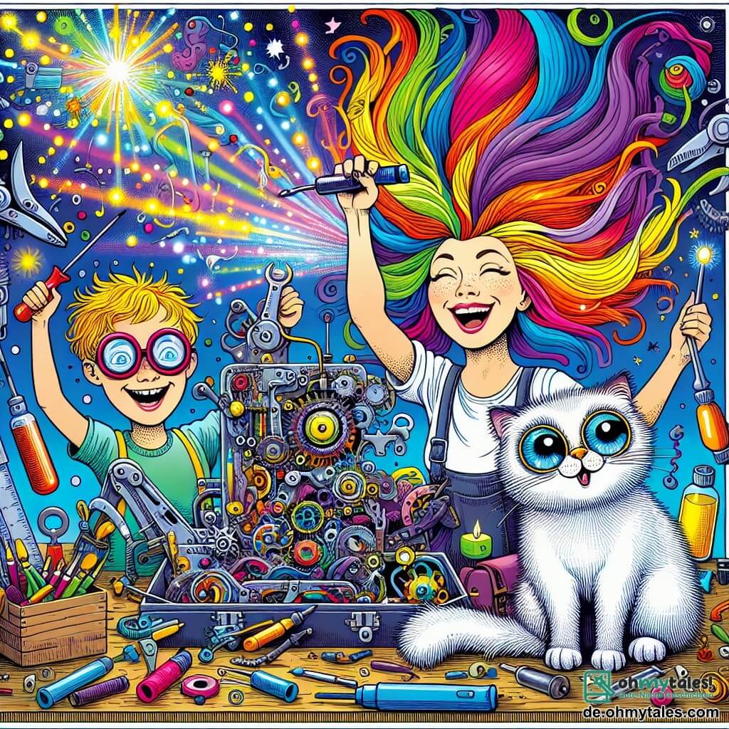 Une illustration sous forme de dessin destinée aux enfants représentant une atelier coloré et chaotique rempli d'outils et de matériaux étranges, où une femme aux cheveux multicolores, en train de bricoler une machine farfelue, sourit joyeusement tout en tenant un tournevis, tandis qu'un petit garçon aux lunettes rondes et un chat curieux aux yeux vifs l'observent avec émerveillement, alors que des flots de lumière scintillante s'échappent de la machine, créant une atmosphère magique et ludique.