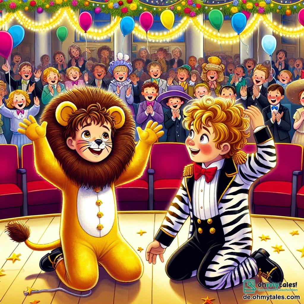 Eine Illustration zeigt eine lebhafte Szene in einem Schulaufführungssaal, geschmückt mit bunten Girlanden und schwebenden Ballons. Im Mittelpunkt steht ein achtjähriger Junge mit braunen Locken, der ein goldenes Löwenkostüm mit einer großen Filz-Mähne trägt. Er lacht, nachdem er auf der Bühne gestolpert ist, steht aber mit einem strahlenden Lächeln wieder auf und zeigt seine Entschlossenheit. An seiner Seite ermutigt ihn ein gleichaltriger Junge mit kurzen blonden Haaren in einem Zebrakostüm mit einer freundlichen Geste und erhobenen Armen. Im Hintergrund applaudieren Kinder in verschiedenen Farben und Kostümen fröhlich, während stolze Eltern bewundernd zuschauen. Die Szene strahlt eine Atmosphäre von Kameradschaft und Selbstvertrauen aus und zeigt den Moment, in dem der Löwenjunge seine Angst überwindet und das Abenteuer annimmt.