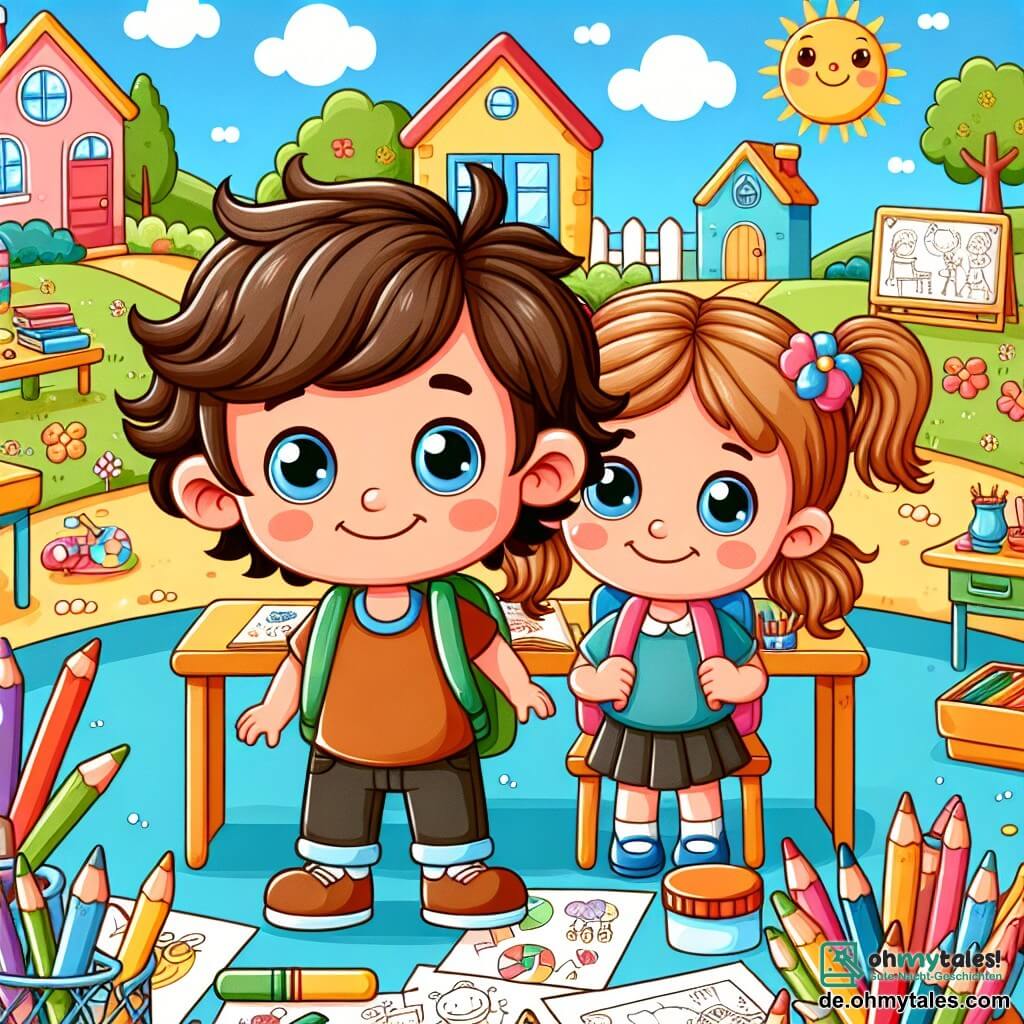 Une illustration destinée aux enfants représentant un petit garçon aux boucles brunes et aux yeux bleus, vivant son premier jour d'école avec son amie, une fillette aux couettes, dans une salle de classe colorée remplie de dessins et de livres, située dans un petit village ensoleillé.