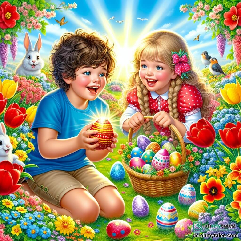 Eine Illustration zeigt einen bunten, sonnigen Garten, gefüllt mit leuchtenden Blumen in allen Farben: roten Tulpen, gelben Narzissen und violetten Veilchen. Im Mittelpunkt der Szene kniet ein 11-jähriger Junge mit braunen, lockigen Haaren, der ein blaues T-Shirt und beiges Shorts trägt, und hält ein glänzendes Osterei in seinen Händen. Sein Gesicht drückt Freude und Aufregung aus, während er einen versteckten Schatz unter den Blumen entdeckt. Neben ihm steht ein 10-jähriges Mädchen mit langen, geflochtenen blonden Haaren in einem rosa gepunkteten Kleid, das lächelt und einen Korb voller bunter Eier hält. Sie schaut den Jungen bewundernd an und teilt die Magie der Eiersuche. Die Hauptsituation zeigt die beiden Kinder bei der Ostereiersuche, umgeben von Lachen und Entdeckungen. Bunte, bemalte Eier sind im Gras und zwischen den Blumen sichtbar, während ein neugieriger weißer Hase sie von einem Busch aus beobachtet. Der Himmel ist blau mit einigen weißen Wolken, was der fröhlichen und frühlingshaften Szene eine sanfte Note verleiht.