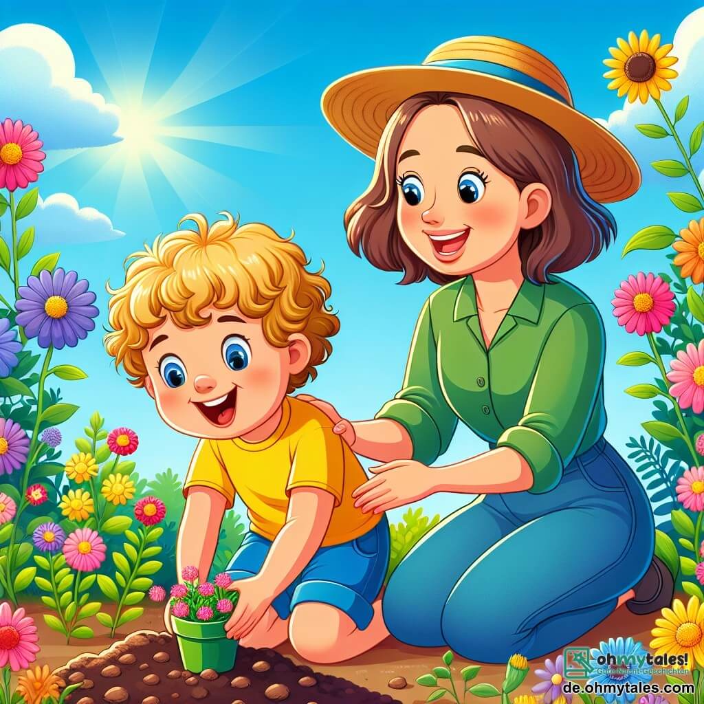 Une illustration sous forme de dessin destinée aux enfants représentant un jardin en plein printemps, avec des fleurs colorées épanouies sous un ciel bleu clair, où un petit garçon de 2 ans aux cheveux blonds et bouclés, vêtu d'un t-shirt jaune et de shorts bleus, s'agenouille joyeusement pour planter des graines dans la terre, tandis qu'une femme souriante aux cheveux bruns, portant un chapeau de jardinage et une blouse verte, l'observe et l'encourage avec tendresse, créant une atmosphère joyeuse et pleine de vie.
