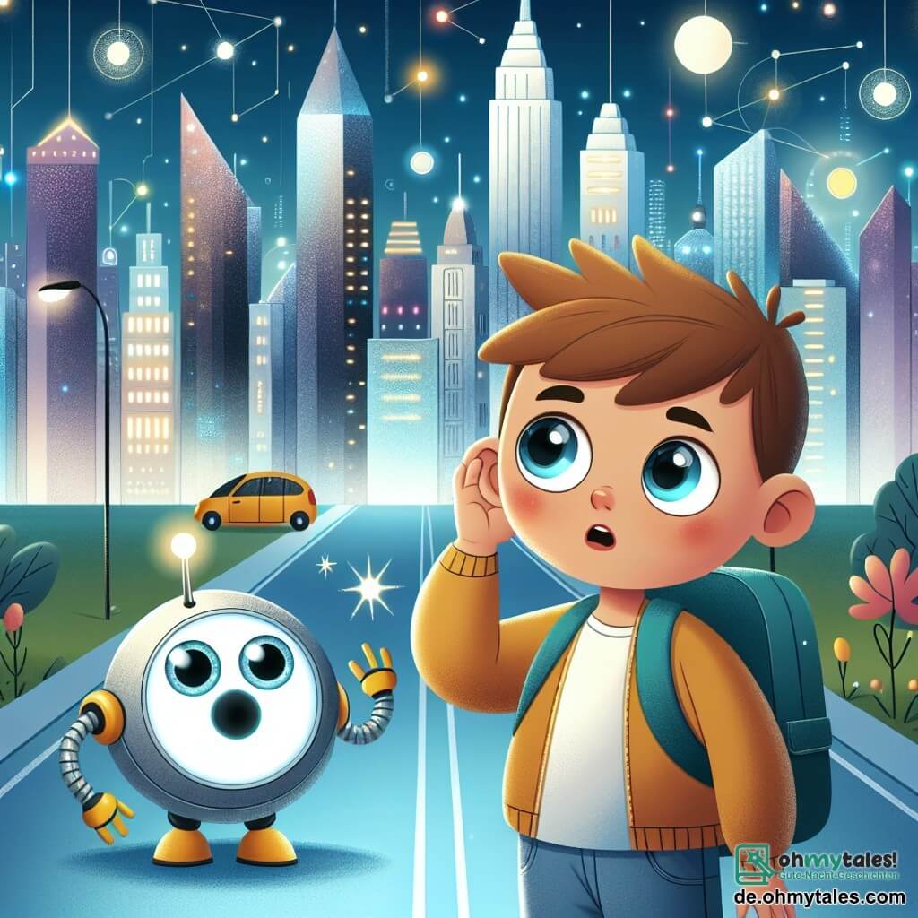Une illustration destinée aux enfants représentant un garçon curieux et courageux, accompagné d'un petit robot rond aux grands yeux lumineux, explorant les rues étincelantes et les gratte-ciel de la ville futuriste de Neopolis.