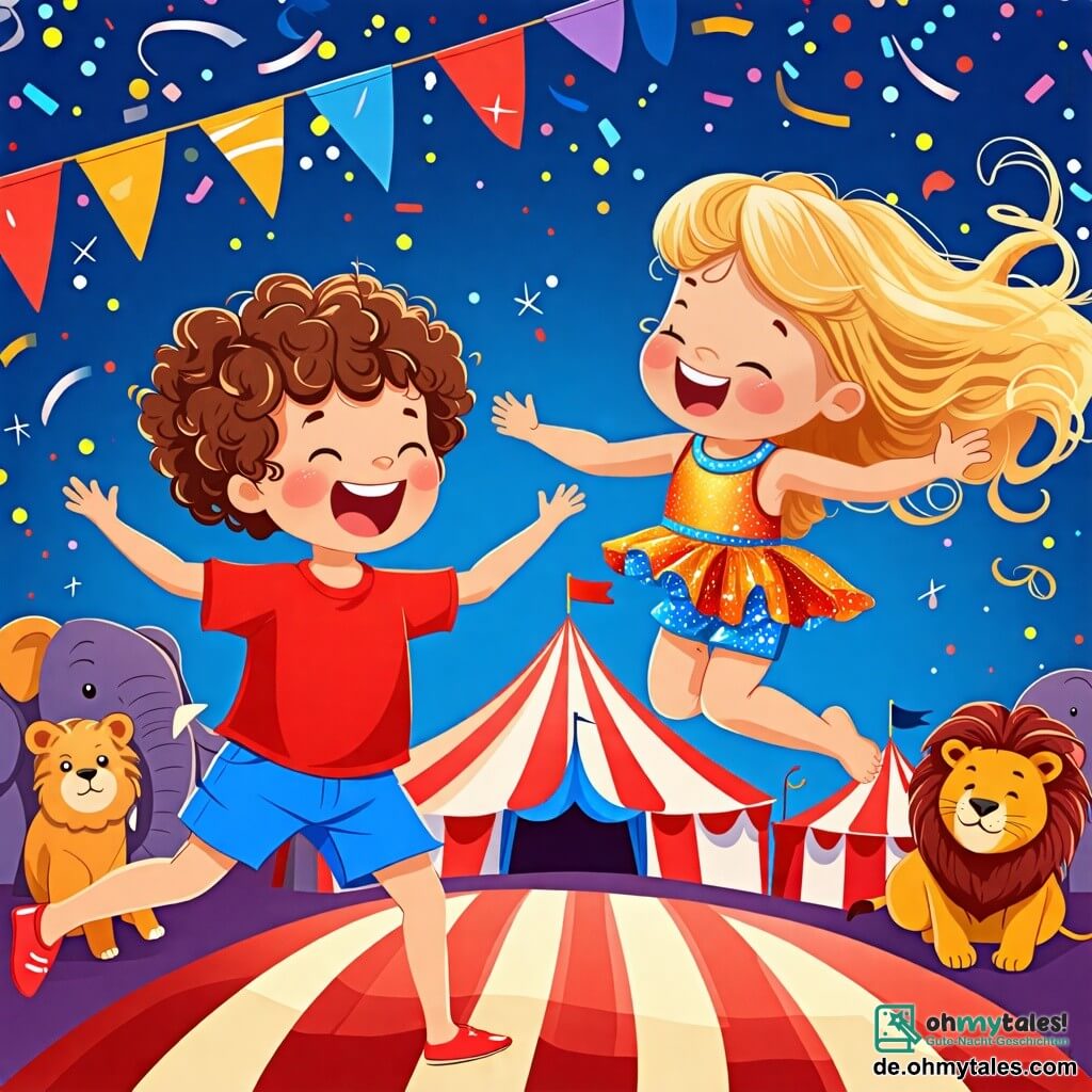 Une illustration sous forme de dessin destinée aux enfants représentant un cirque coloré avec des lumières scintillantes et des tentes rayées, où un petit garçon de 2 ans aux cheveux bouclés et aux yeux pétillants, vêtu d'un t-shirt rouge et d'un short bleu, saute joyeusement sur le sol en riant, tandis qu'une acrobate, une jeune fille aux cheveux longs et blonds, vêtue d'un costume brillant, exécute un saut gracieux dans les airs, créant une atmosphère de joie et d'émerveillement, entourée de spectateurs amusés et d'animaux de cirque comme des éléphants et des lions en arrière-plan.
