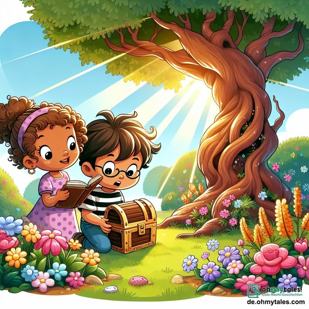 Une illustration sous forme de dessin destinée aux enfants représentant un parc ensoleillé avec des fleurs colorées et un grand arbre noueux, où une fille de 7 ans aux cheveux bouclés et aux yeux pétillants, vêtue d'une robe à pois, tient un vieux livre ouvert dans ses mains, tandis qu'un garçon de 8 ans aux cheveux bruns et aux lunettes, portant un t-shirt à rayures, observe attentivement une carte au trésor, alors qu'ils découvrent ensemble un mystérieux coffre caché sous une fleur, symbolisant leur aventure en tant que petits enquêteurs.