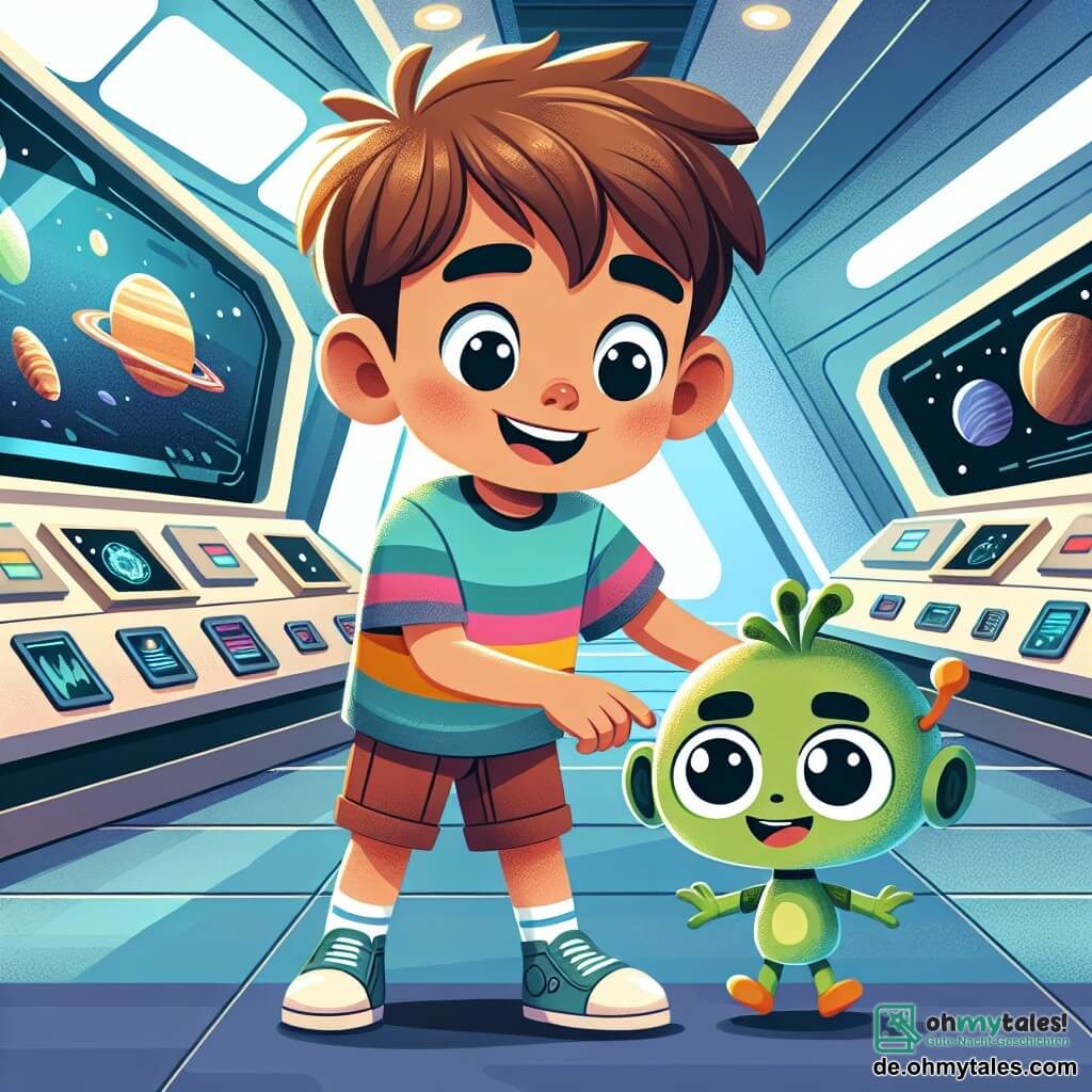 Une illustration sous forme de dessin destinée aux enfants représentant un petit garçon de 5 ans avec des cheveux bruns en désordre, portant un t-shirt coloré et un short, qui sourit joyeusement en jouant sur un terrain de jeu futuriste à l'intérieur d'une grande station spatiale, entouré d'un petit extraterrestre vert aux grands yeux ronds et amicaux, qui flotte légèrement au-dessus du sol, tandis qu'ils explorent ensemble des machines brillantes et des écrans montrant des images de planètes lointaines, capturant l'esprit d'aventure et d'amitié intergalactique.