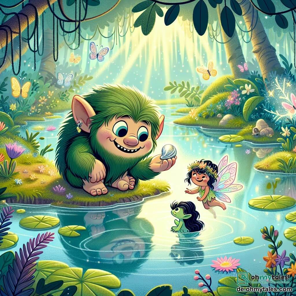 Illustration eines kleinen Trolls mit weichem grünen Fell, großen runden Augen und einem breiten Lächeln, der am Rand eines schimmernden kleinen Teiches in einem geheimnisvollen Sumpf sitzt. Der Ort ist von üppigen Pflanzen, bunten Blumen und leichtem Nebel umgeben, der über dem Wasser schwebt und eine magische Atmosphäre schafft. Neben dem Troll steht ein kleines feenhaftes Wesen mit schimmernden Flügeln und gewellten Haaren, das mit strahlendem Lächeln auf eine wunderschöne glänzende Muschel in der Hand des Trolls zeigt. Der neugierige und fröhliche Troll betrachtet die Muschel mit Staunen, während die Elfe ihn ermutigt, die Wunder des Sumpfes zu entdecken. Im Hintergrund tanzen bunte Schmetterlinge in der Luft und fröhliche Frösche hüpfen um den Rand des Teiches, was dieser verzauberten Szene Leben verleiht.