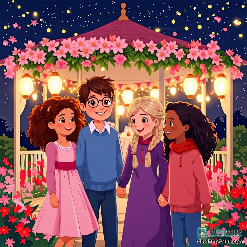 Illustration eines wunderschönen Festpavillons in einem verzauberten Garten, gefüllt mit bunten Blumen und funkelnden Lichtern. Der Pavillon ist mit Girlanden aus rosa und roten Blumen dekoriert, und Laternen leuchten sanft in der sternenklaren Nacht. Im Vordergrund halten vier junge Freunde Händchen, strahlend vor Freude. Zwei Mädchen, etwa 12 Jahre alt, eines mit lockigem, braunem Haar in einem rosa Kleid und das andere mit geflochtenem, blondem Haar in einer lila Tunika. An ihrer Seite ein Junge mit braunem Haar und Brille in einem blauen Pullover und ein weiterer Junge mit schwarzen Haaren und einem roten Schal, die lächeln und den magischen Garten betrachten. Die Hauptsituation zeigt die Kinder, die zusammen tanzen und lachen, umgeben von fantastischen Kreaturen wie leuchtenden Feen und neugierigen Eichhörnchen, die die Freundschaft und die Magie des Valentinstags feiern. Papierherzen schweben in der Luft und verleihen der fröhlichen Atmosphäre des Festes einen Hauch von Magie.