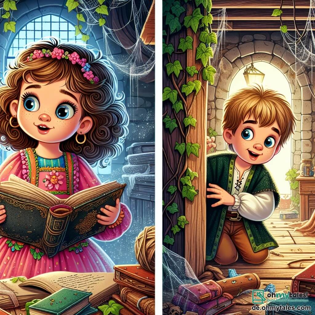 Une illustration sous forme de dessin destinée aux enfants représentant un vieux et mystérieux manoir aux murs couverts de lierre, où une petite fille de 4 ans aux cheveux bouclés et aux yeux pétillants, vêtue d'une robe colorée, examine avec curiosité un ancien livre poussiéreux, tandis qu'un garçon de 5 ans, aux cheveux blonds et au sourire espiègle, regarde par la fenêtre, tous deux plongés dans une aventure de chasse au trésor, entourés de vieux meubles en bois et de toiles d'araignées, créant une atmosphère à la fois intrigante et magique.