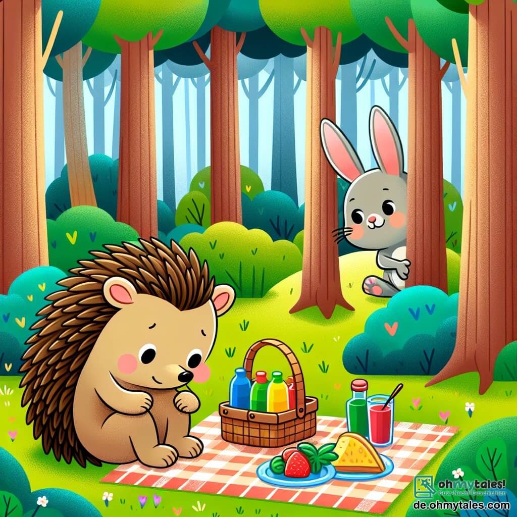 Une illustration destinée aux enfants représentant un hérisson garçon, se sentant seul dans un bois dense et mystérieux, rencontrant un lapin garçon, préparant un pique-nique coloré au bord d'une clairière ensoleillée.