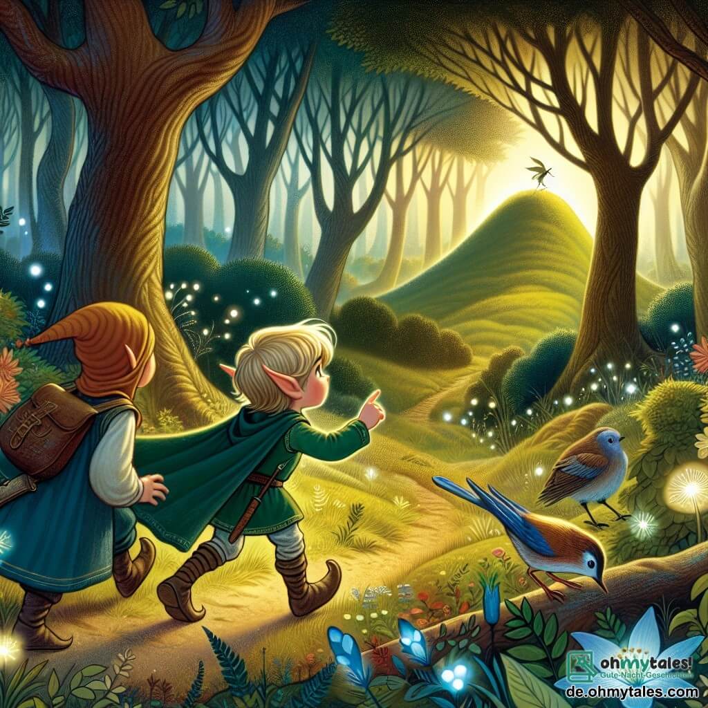 Une illustration destinée aux enfants représentant une jeune elfe courageuse découvrant un mystérieux tal, accompagnée d'un petit oiseau blessé, dans une forêt enchantée aux arbres majestueux et aux fleurs lumineuses.