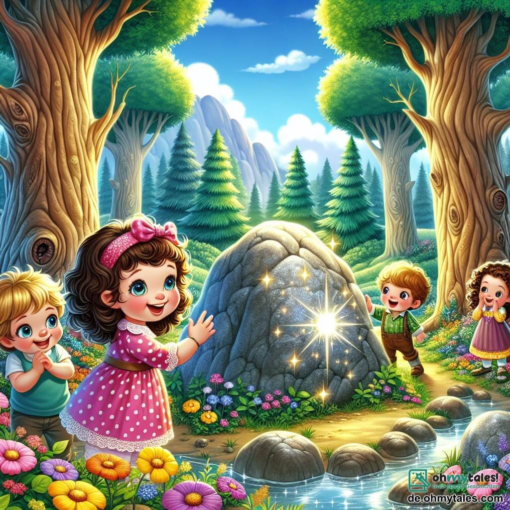 Illustration eines wunderschönen Bildes eines verzauberten Waldlandschaft, wo große, knorrige Bäume in einen strahlend blauen Himmel mit flauschigen Wolken ragen. Bunte Blumen in lebhaften Farben wie Rosa, Gelb und Lila bedecken den Boden, während ein sanfter Bach durch das Unterholz glitzert. Im Vordergrund stehen vier Freunde zusammen: ein vierjähriges Mädchen mit langen braunen Haaren und funkelnden Augen, das ein rosa Kleid mit weißen Punkten trägt und fröhlich lächelt. Neben ihr zeigt ein vierjähriger Junge mit zerzausten blonden Haaren und einem blauen T-Shirt auf einen großen, glänzenden Felsen. Ein weiteres vierjähriges Mädchen mit lockigem Haar und einem gelben Kleid schaut den Felsen mit Staunen an. Schließlich lächelt ein vierjähriger Junge im Rollstuhl mit Brille und grünem T-Shirt und ermutigt seine Freunde, näher zu kommen. Die Szene fängt den Moment ein, in dem die Kinder den wunderschönen und geheimnisvollen, farbenfrohen Felsen entdecken, Symbol der magischen Kraft der Welt, in der sie sich befinden. Bunte Schmetterlinge fliegen um sie herum und verleihen der fröhlichen und abenteuerlichen Atmosphäre einen Hauch von Magie.