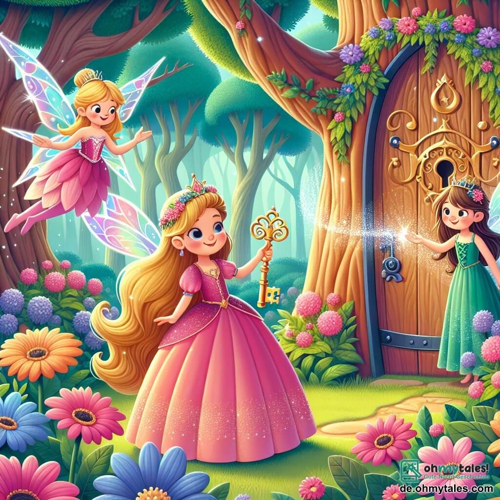 Une illustration sous forme de dessin destinée aux enfants représentant un jardin féerique entouré de fleurs colorées et d'arbres majestueux, avec une princesse aux longs cheveux dorés, vêtue d'une robe rose scintillante, tenant un clé magique qui brille de mille feux, tandis qu'une petite fée aux ailes iridescentes, flottant à ses côtés, sourit et l'encourage à ouvrir une porte mystérieuse dans un grand arbre, symbolisant le moment où la princesse souhaite rendre tous les animaux du royaume heureux.