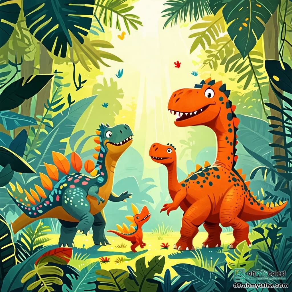 Une illustration sous forme de dessin destinée aux enfants représentant une forêt préhistorique verdoyante, avec un stégosaure aux plaques dorsales en forme de boucliers colorés, joyeusement en train de chercher des feuilles délicieuses, accompagné d'un petit vélociraptor aux plumes vives qui saute d'excitation, tandis qu'un grand tyrannosaure rex, au sourire amical, les observe avec curiosité, le tout baigné dans une lumière douce et enjouée, évoquant l'amitié et l'aventure entre ces dinosaures.