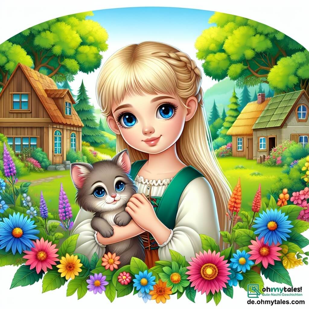 Une illustration destinée aux enfants représentant une jeune fille aux cheveux blonds et aux yeux bleus, accompagnée d'une petite chatte grise, dans un village paisible entouré de verdure et de fleurs colorées.