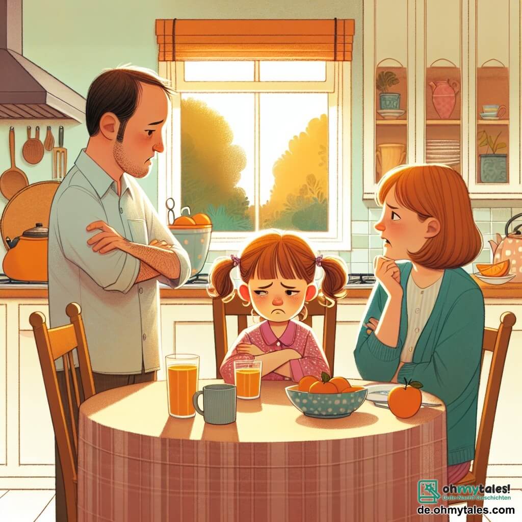 Une illustration destinée aux enfants représentant une fillette triste, ses parents en train de se disputer autour d'une table de petit-déjeuner ensoleillée dans une cuisine chaleureuse et accueillante.