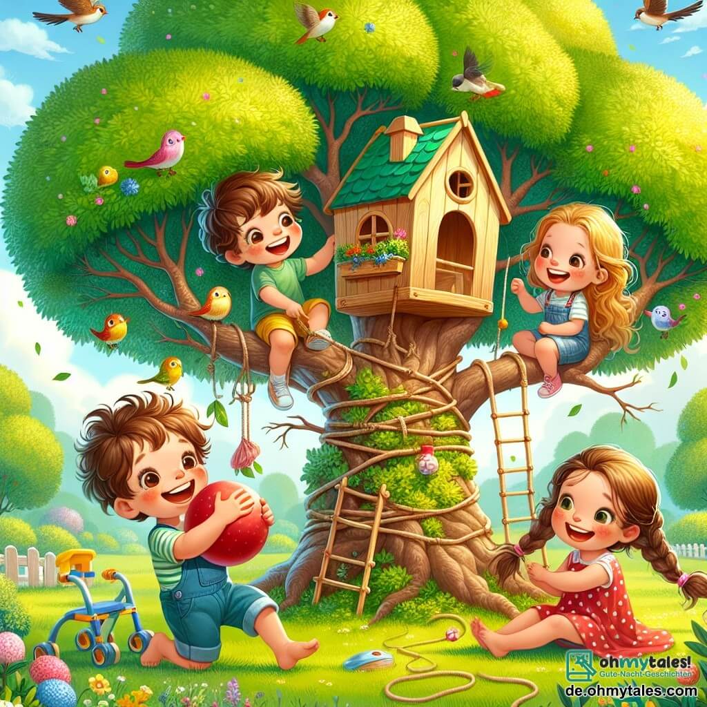 Eine Illustration zeigt ein wunderschönes Lichtspiel im Freien. Im Vordergrund steht ein majestätischer Baum mit leuchtend grünen Blättern, in dessen Ästen sich ein kleines, charmantes Holzhaus befindet. Der Boden ist mit grünem Gras und bunten Blumen bedeckt. Drei Kinder versammeln sich unter dem Baum: ein 7-jähriger Junge mit zerzausten braunen Haaren und einem breiten Lächeln, der einen leuchtend roten Ball hält. Neben ihm steht ein 6-jähriges Mädchen mit langen, geflochtenen braunen Haaren in einem gelben gepunkteten Kleid, das fröhlich lacht. Schließlich ein 8-jähriger Junge mit blonden Haaren und Brille, der begeistert lächelt und den Weg nach oben zum Baum zeigt. Die Szene zeigt die Kinder, die eine Leiter aus Ästen und Seil bauen, während sie lachen und sich gegenseitig anfeuern, was den Geist von Freundschaft und Zusammenarbeit verdeutlicht. Im Hintergrund ist der Himmel blau und sonnig, mit einigen weißen, flauschigen Wolken, während Vögel fröhlich zwitschern und zur heiteren Atmosphäre des Moments beitragen.