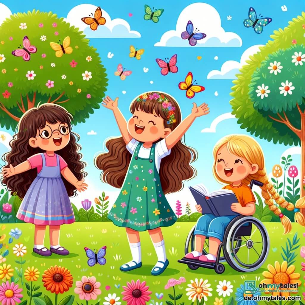 Illustration eines sonnigen Gartens, gefüllt mit bunten Blumen und großen Bäumen mit grünen Blättern. In der Mitte versammeln sich drei Mädchen auf einer grünen Wiese. Eines von ihnen, ein 8-jähriges Mädchen mit lockigem braunem Haar, lächelt fröhlich und hebt die Arme, voller Selbstvertrauen. Daneben tanzt ein 9-jähriges Mädchen mit langen, geflochtenen blonden Haaren anmutig mit erhobenen Armen, was Freude und Energie ausdrückt. Das dritte Mädchen, 10 Jahre alt, sitzt in einem kleinen Rollstuhl, ihre Augen strahlen Entschlossenheit aus, während sie ein offenes Buch hält und ihren Freundinnen eine fesselnde Geschichte erzählt. Im Hintergrund fliegen bunte Schmetterlinge um sie herum und symbolisieren Freiheit und Vorstellungskraft. Der Himmel ist blau mit einigen weißen Wolken, was dieser Szene voller Kameradschaft und Selbstvertrauen eine sanfte Note verleiht.