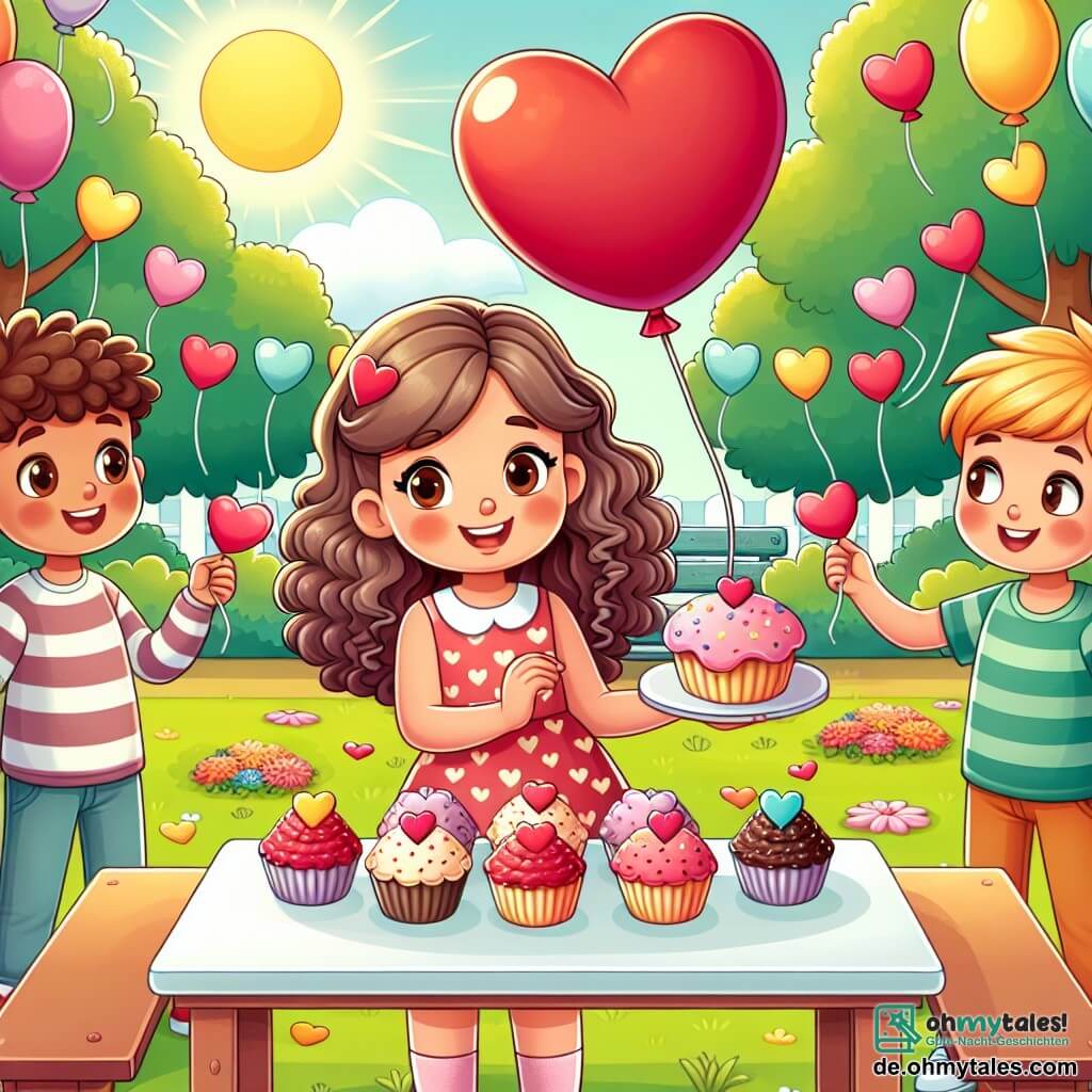 Une illustration sous forme de dessin destinée aux enfants représentant un parc ensoleillé décoré de cœurs et de ballons colorés, avec une fille de 11 ans aux cheveux bouclés et bruns, souriante, en train de décorer une table avec des cupcakes en forme de cœur, entourée de deux amis : un garçon aux cheveux blonds et courts, tenant un grand ballon rouge, et une fille aux cheveux lisses et châtains, en train de distribuer des petites cartes de Saint-Valentin, alors qu'ils préparent une fête joyeuse pour célébrer l'amitié et l'amour.