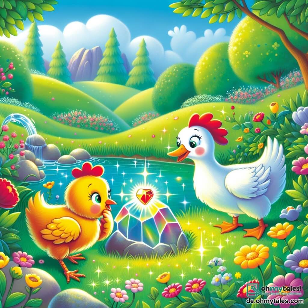 Une illustration sous forme de dessin destinée aux enfants représentant un charmant et coloré fermier, avec une vaste prairie verdoyante parsemée de fleurs éclatantes, où une petite poule au plumage jaune doré et au petit crête rouge se tient curieusement devant un scintillant caillou magique qui brille au soleil, tandis qu'une canne gracieuse, aux plumes blanches et au bec orange, nage joyeusement dans un étang à proximité, illustrant le moment où la poule découvre le pouvoir de l'amitié et de la magie.