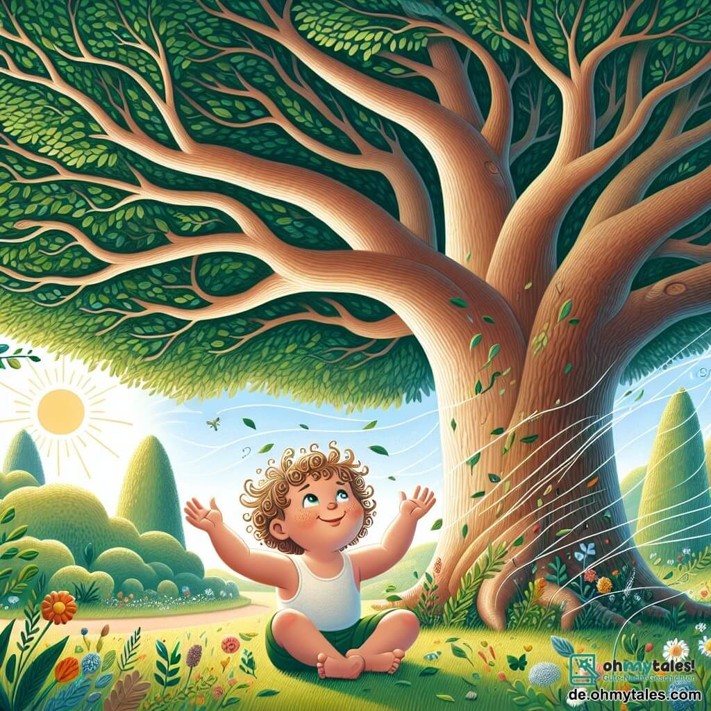 Une illustration sous forme de dessin destinée aux enfants représentant un jardin ensoleillé avec un grand, vieux arbre aux feuilles vertes luxuriantes, au centre un petit garçon de 1 an aux cheveux bouclés et aux yeux pétillants, assis sur l'herbe, levant les bras vers le ciel en souriant, tandis qu'un doux vent fait danser les branches de l'arbre, qui semble lui répondre avec bienveillance, créant une atmosphère de magie et de sagesse, symbolisant l'apprentissage et la force intérieure.