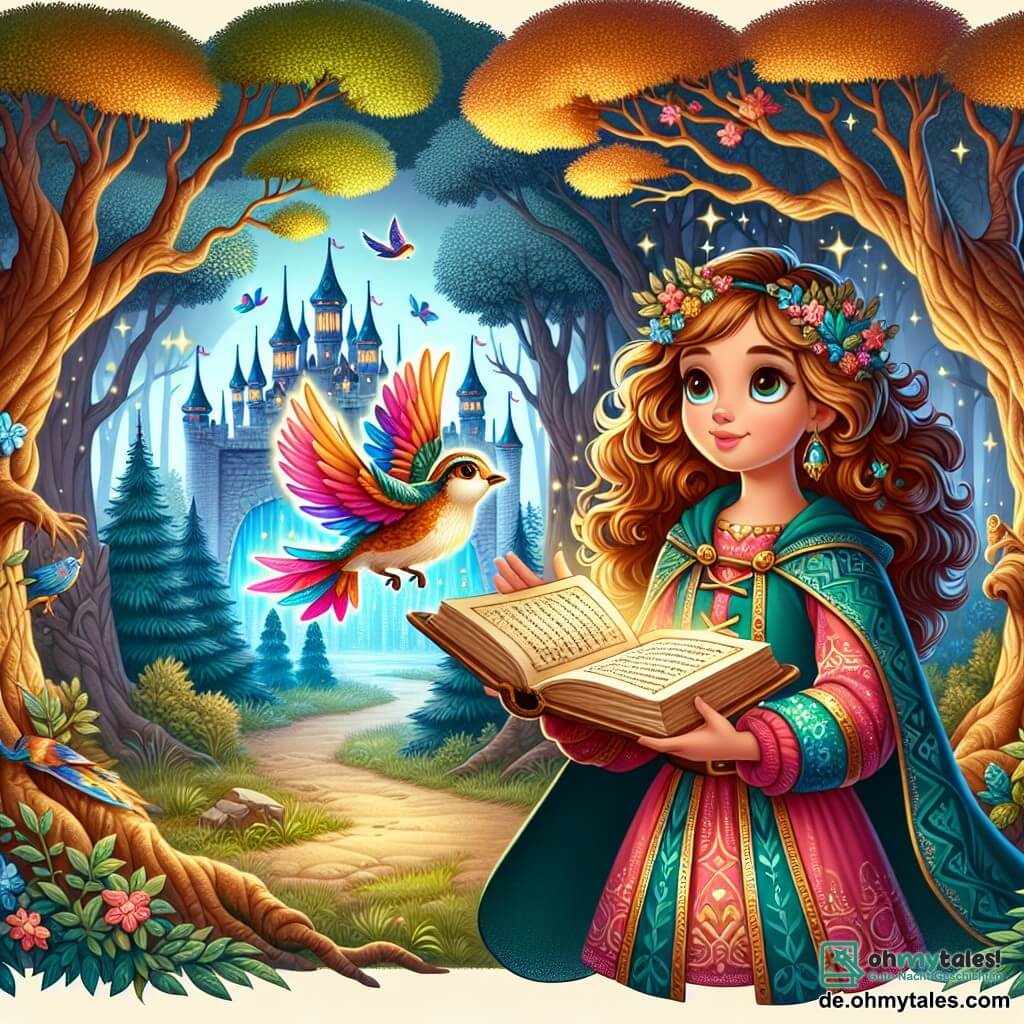 Une illustration sous forme de dessin destinée aux enfants représentant une forêt enchantée, avec des arbres majestueux aux feuilles lumineuses, où une fille de 11 ans aux cheveux bouclés et châtains, vêtue d'une tunique colorée, tient un ancien livre ouvert dans ses mains, tandis qu'un petit oiseau aux plumes éclatantes, flottant à ses côtés, l'encourage à s'aventurer vers un château scintillant au loin, symbolisant son courage face à un méchant sorcier qui a volé les couleurs de ce royaume magique.