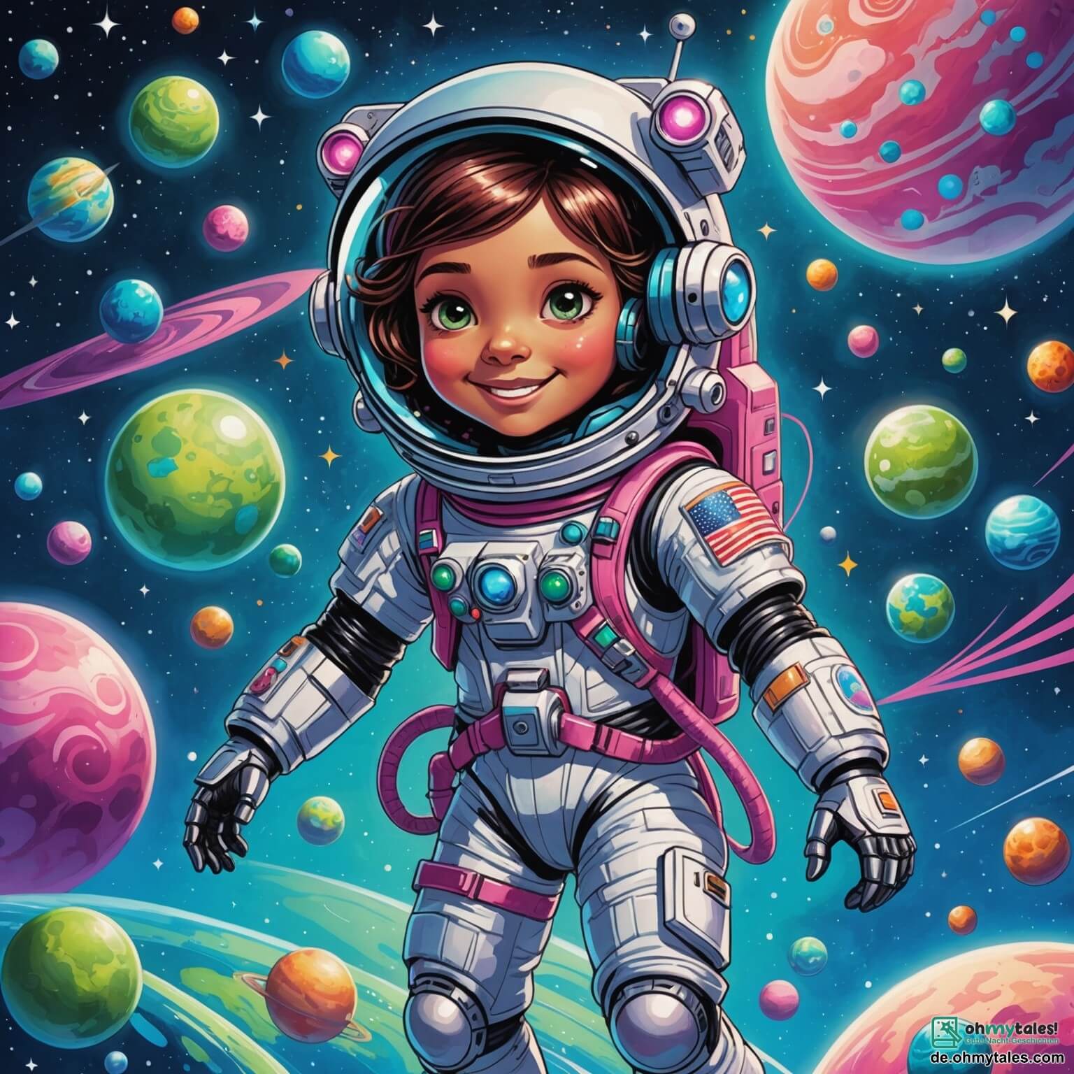 Une illustration destinée aux enfants représentant une courageuse femme astronaute aux yeux pétillants et au sourire éclatant, flottant dans l'immensité scintillante de l'espace, entourée de planètes colorées aux nuances vibrantes de bleu, de vert et de rose, tandis qu'elle se prépare à défendre son monde contre une invasion menaçante de créatures extraterrestres aux tentacules chatoyants et aux yeux curieux, avec à ses côtés son fidèle ami robot, un petit garçon métallique aux formes arrondies et aux lumières clignotantes, tous deux évoluant dans un vaisseau spatial en forme d'étoile, illuminé par des nébuleuses éclatantes et des étoiles étincelantes, dans un univers où l'aventure et l'amitié brillent comme des constellations.