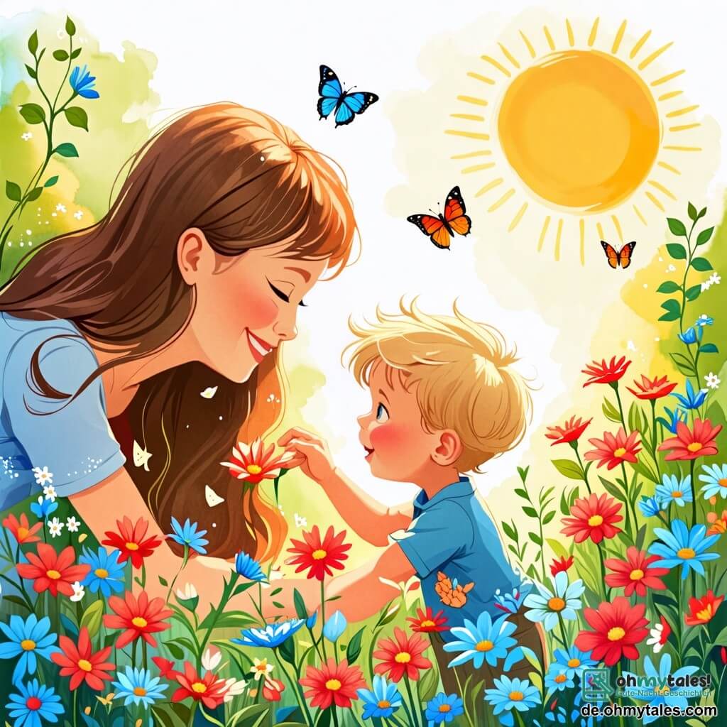 Une illustration sous forme de dessin destinée aux enfants représentant un jardin en plein printemps, rempli de fleurs colorées en rouge et bleu, où un petit garçon de 2 ans aux cheveux blonds et aux yeux pétillants s'émerveille en touchant délicatement une fleur, tandis que sa maman, une femme souriante aux cheveux bruns et longs, l'observe avec tendresse, le soleil brillant au-dessus d'eux et des papillons virevoltant autour, capturant la joie simple d'un jour ensoleillé.