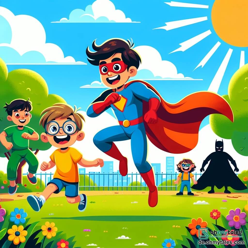 Illustration eines sonnigen Parks, gefüllt mit bunten Blumen und grünen Bäumen, unter einem strahlend blauen Himmel. In der Mitte springt ein Mann mit braunen, zerzausten Haaren, der ein rot-blaues Superheldenkostüm mit einem wehenden Umhang trägt, in die Luft, mit einem breiten Lächeln im Gesicht. Neben ihm lacht ein etwa 8-jähriger Junge mit blonden Haaren und Brille, der ein gelbes T-Shirt und blaue Shorts trägt und einen bunten Ballon hält. Im Hintergrund versuchen zwei Silhouetten von Bösewichten, überrascht, sich nach einem Treffer durch den Ballon wieder aufzurichten. Die Atmosphäre ist fröhlich und dynamisch, voller Energie und Lachen, mit Lichtstrahlen um die Figuren, die den komischen Aspekt der Szene betonen.
