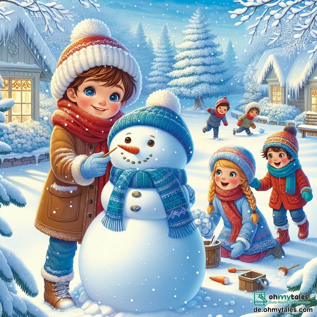 Illustration eines verzauberten Gartens im Winter, bedeckt mit einer dicken Schicht glitzernden Schnees unter einem hellblauen Himmel. Bäume mit schneebeladenen Ästen stehen herum und schaffen eine magische Kulisse. In der Mitte formt ein 11-jähriger Junge mit kastanienbraunen Haaren und funkelnden Augen, der einen dicken roten Schal und eine blaue Jacke trägt, einen großen Schneemann. Er lächelt begeistert, mit von der Kälte geröteten Wangen. Neben ihm lachen zwei Freunde, ein 10-jähriges Mädchen mit langen geflochtenen blonden Haaren und ein 12-jähriger Junge mit braunen Haaren, beide in bunten Mänteln, und werfen sich Schneebälle zu. Der bereits gut geformte Schneemann hat eine Karotte als Nase, Steine als Augen und trägt einen alten Schal. Sanfte Schneeflocken fallen vom Himmel und verstärken die fröhliche und verspielte Atmosphäre dieser winterlichen Szene.