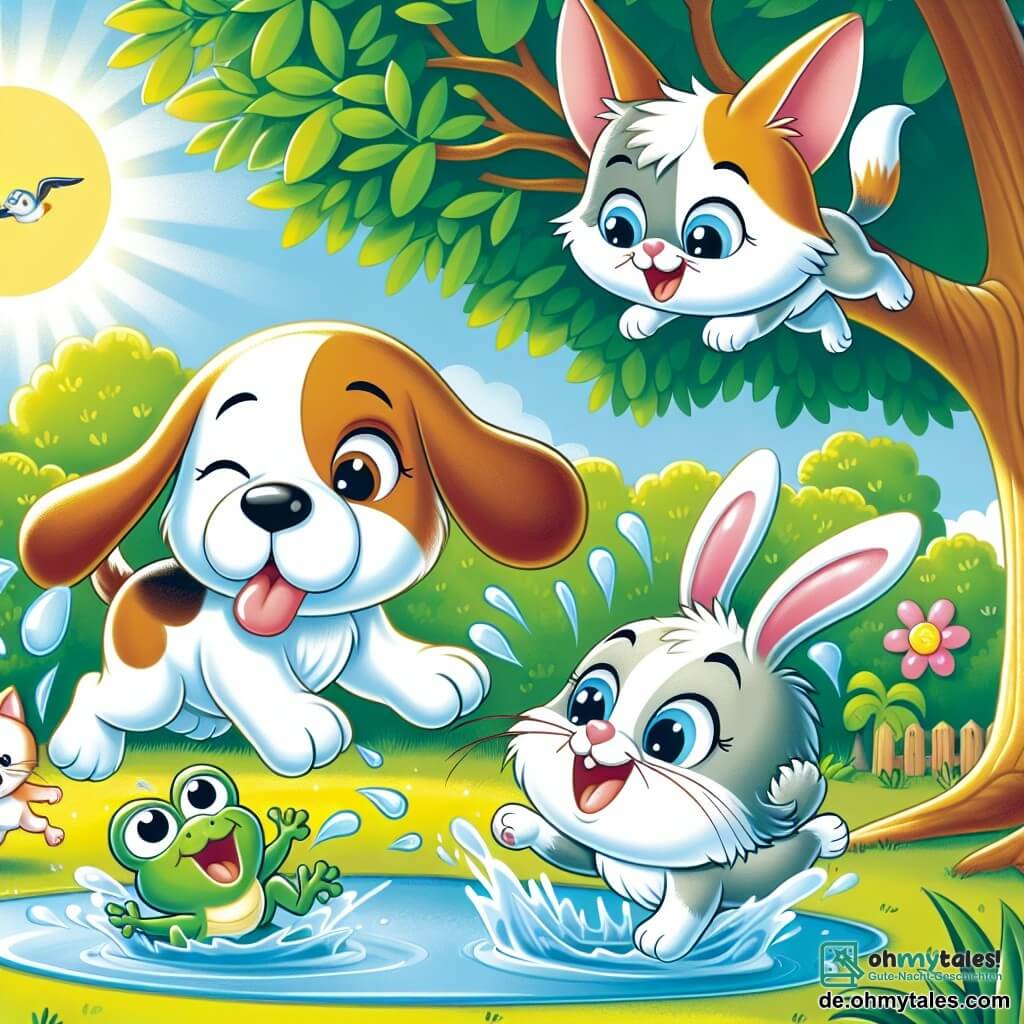 Une illustration sous forme de dessin destinée aux enfants représentant un parc ensoleillé avec un grand arbre aux branches étendues, où un petit chien beagle aux oreilles tombantes et au pelage brun et blanc saute joyeusement dans une flaque d'eau, tandis qu'une chatte persane blanche aux yeux bleus observe en riant, un petit lapin aux grandes oreilles s'apprêtant à faire un saut et un grenouille verte espiègle qui éclabousse tout le monde avec un grand sourire, capturant l'esprit d'un jour d'été plein de rires et d'aventures.