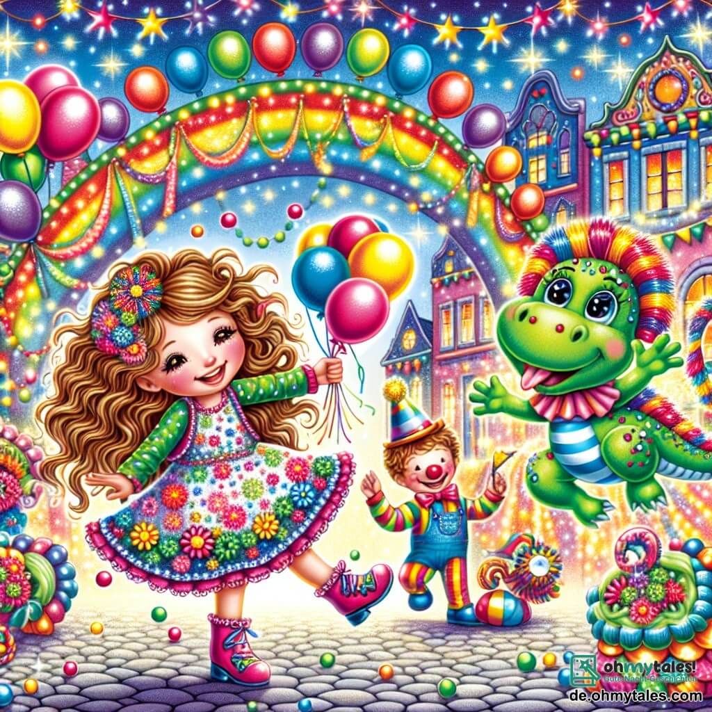 Une illustration sous forme de dessin destinée aux enfants représentant un carnaval coloré dans une petite ville, avec des rues décorées de ballons et de guirlandes scintillantes, où une fille de 7 ans aux cheveux longs et bouclés, portant une robe à motifs de fleurs, danse joyeusement au milieu de la fête, entourée d'un petit dragon vert aux écailles brillantes qui vole autour d'elle et d'un clown joyeux avec un grand nez rouge qui jongle avec des balles multicolores, tandis qu'un magnifique arc-en-ciel scintille au-dessus d'eux, symbolisant l'amitié et la magie de cette journée festive.