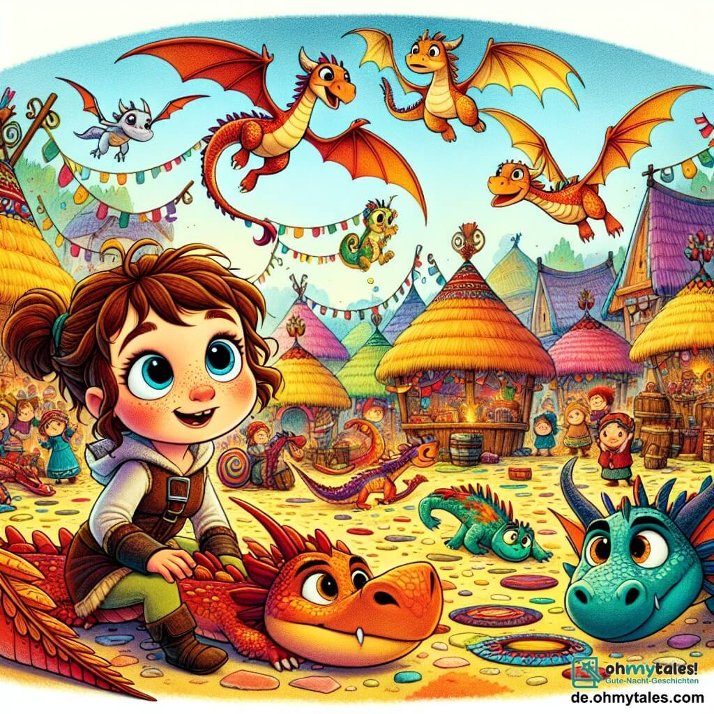 Une illustration destinée aux enfants représentant un petit dragon maladroit, une fille curieuse et un village de dragons coloré et animé, où une grande fête est sur le point de commencer.