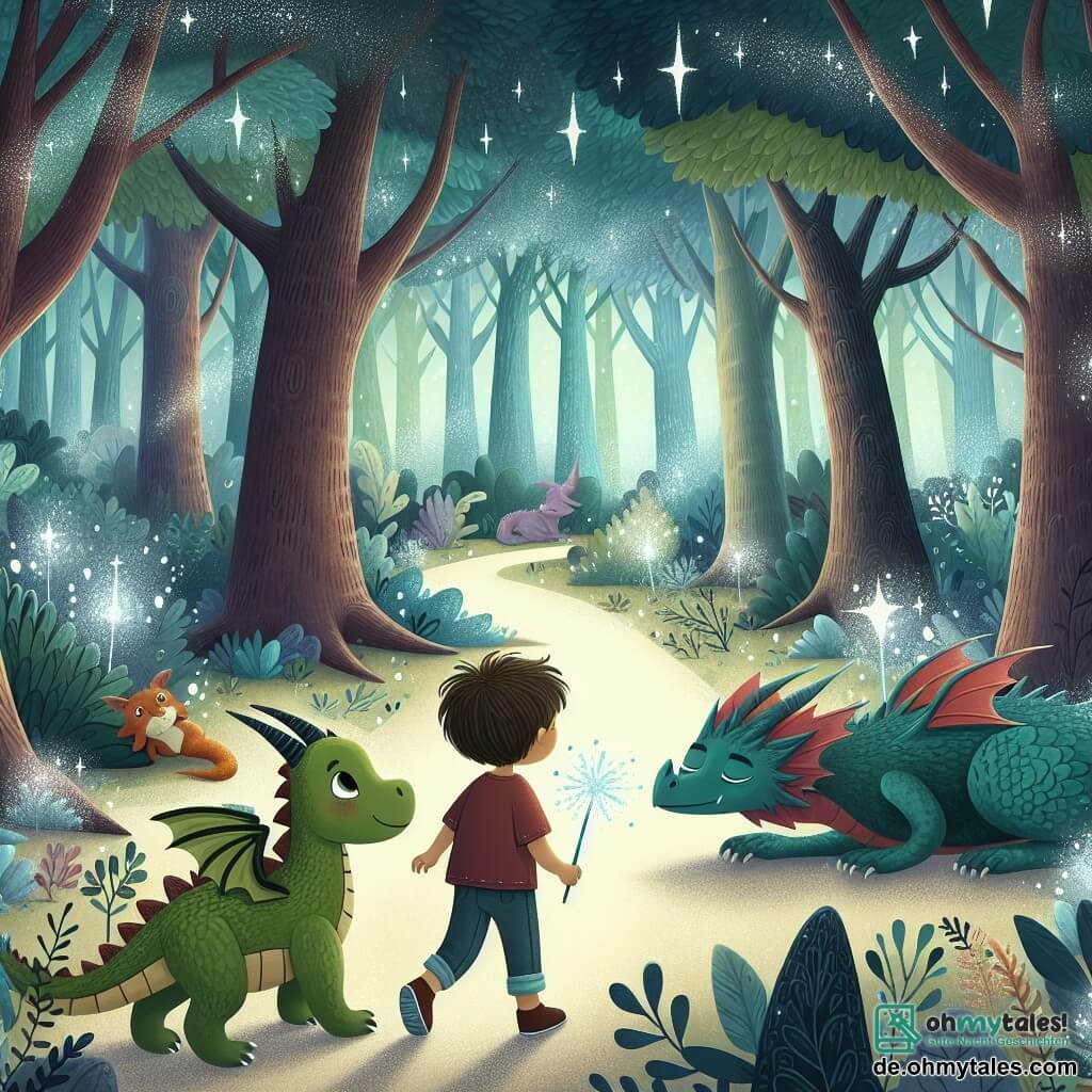 Une illustration destinée aux enfants représentant un petit dragon courageux et curieux, accompagné d'un garçon intrépide, explorant un vaste et mystérieux bois rempli d'arbres aux feuilles scintillantes et de créatures magiques endormies.