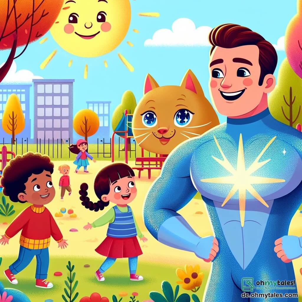 Une illustration sous forme de dessin destinée aux enfants représentant un parc ensoleillé avec des arbres colorés et un joyeux terrain de jeux, où un homme musclé au costume bleu étincelant, souriant et rayonnant de lumière, se tient devant une grande chatte aux yeux pétillants qui semble amicale, tandis qu'un petit garçon aux cheveux bruns et une petite fille aux tresses dorées s'approchent avec des expressions de curiosité et de joie, illustrant le moment où le super-héros utilise son sourire pour apaiser la situation et transformer la peur en amusement.