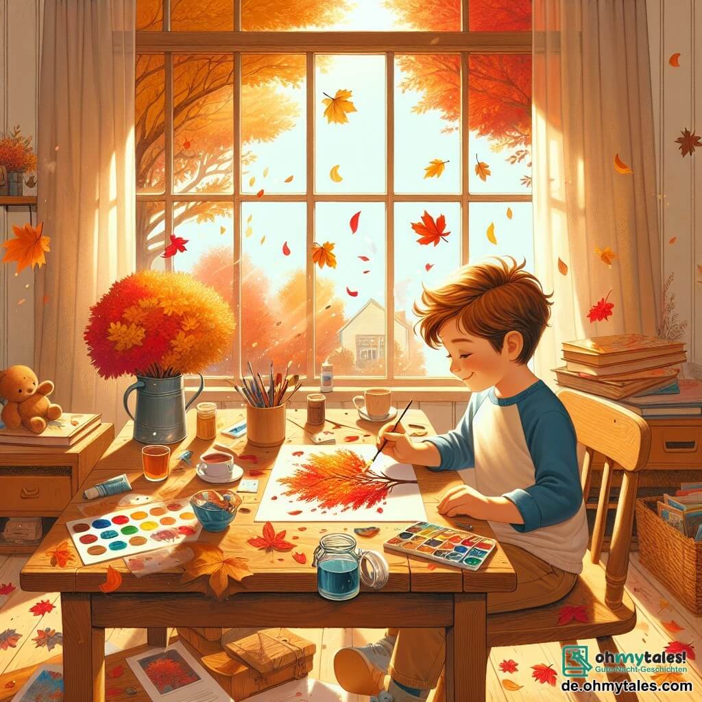 Illustration eines warmen und sonnigen Zimmers mit hellgelben Wänden und einem großen Fenster, das Tageslicht hereinlässt. Auf dem Holztisch liegen bunte Blätter und verstreute Farbtöpfe, während draußen Bäume mit roten, gelben und orangefarbenen Blättern im Herbstwind tanzen. Ein etwa 7-jähriger Junge mit unordentlichen braunen Haaren und funkelnden Augen sitzt am Tisch. Er trägt ein blaues T-Shirt und beige Hosen. Er ist konzentriert und lächelt, während er mit einem Pinsel in der Hand ein großes rotes Laub auf sein Papier malt. Neben ihm steht eine Frau in den Dreißigern mit braunen, hochgesteckten Haaren und einem bequemen Pulli, die ihren Sohn mit einem wohlwollenden Lächeln beobachtet. Sie bringt ihm eine dampfende Tasse Tee, was der Szene eine warme Note verleiht. Im Raum schweben sanft Herbstblätter und schaffen eine magische, fröhliche Atmosphäre. Das Bild zeigt die Begeisterung und Kreativität des Jungen, während die Mutter einen zärtlichen Moment mit ihm teilt und den familiären Geist sowie die Liebe zur Herbstsaison betont.