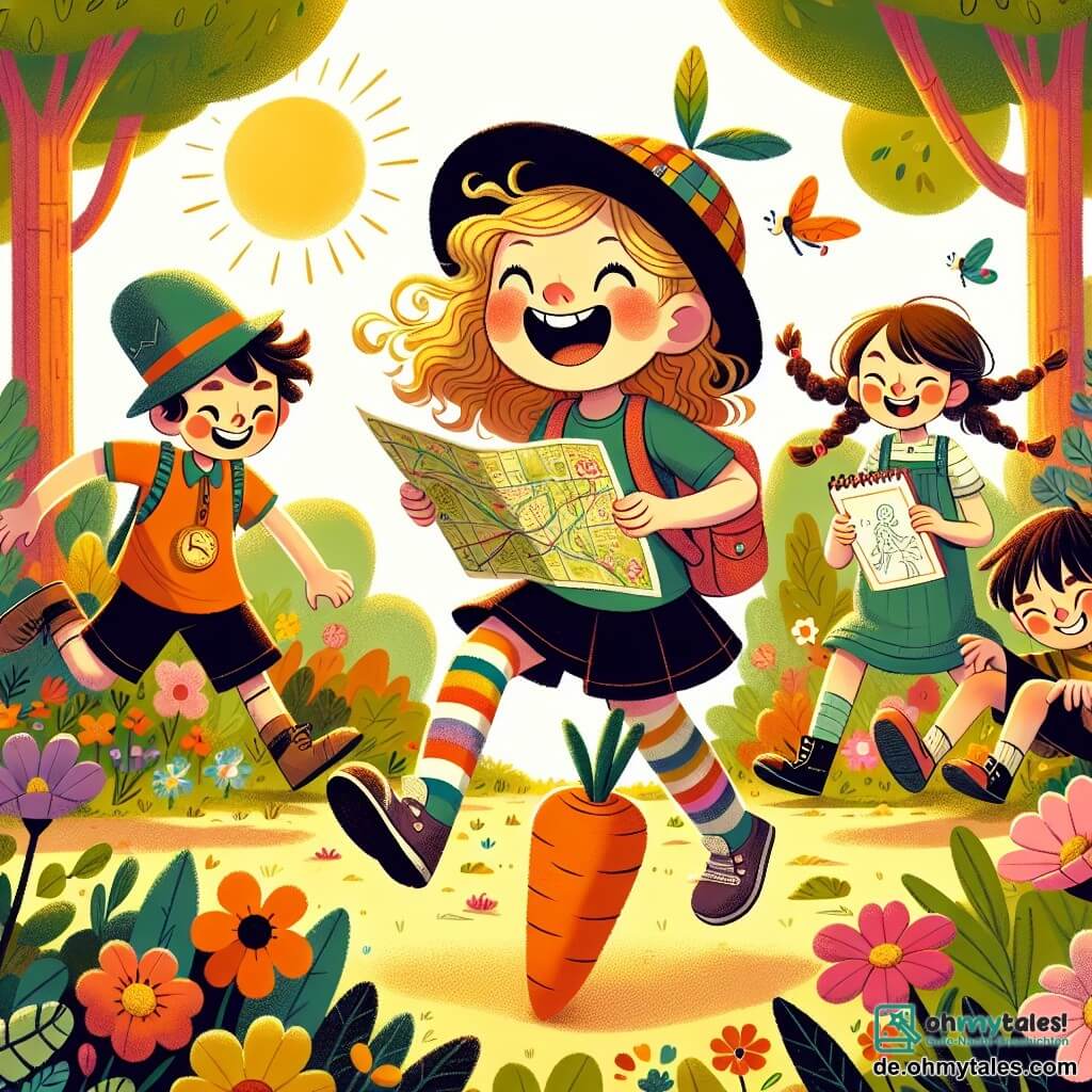 Une illustration sous forme de dessin destinée aux enfants représentant un parc ensoleillé avec de grands arbres et des fleurs colorées, au centre une fille de 11 ans aux cheveux blonds et bouclés, portant des chaussettes multicolores, en train de rire tout en tenant une carte au trésor dessinée à la main, entourée de trois amis : un garçon timide avec une grande casquette, une fille intrépide aux cheveux bruns en tresse, et un garçon créatif avec un carnet de croquis, tous en train de danser joyeusement autour d'une grande carotte en riant, illustrant l'esprit d'aventure et de camaraderie de leur chasse au trésor amusante.