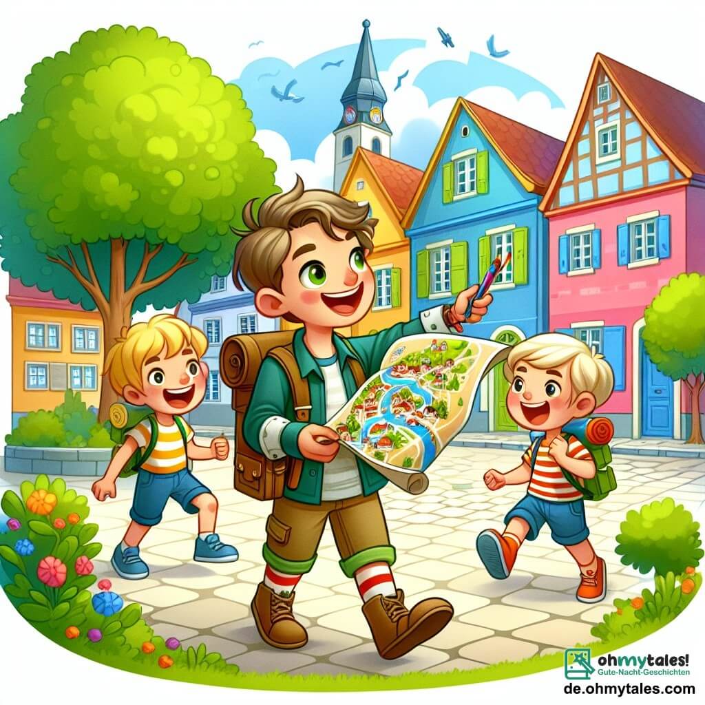 Une illustration destinée aux enfants représentant un garçon énergique et créatif organisant une chasse au trésor pour son père, accompagné de ses amis, une fille curieuse et un garçon enthousiaste, dans le pittoresque petit Städtchen Sonnenhausen, avec ses rues pavées, ses maisons colorées et son charmant parc verdoyant.
