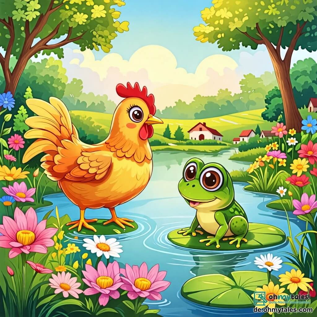 Une illustration sous forme de dessin destinée aux enfants représentant un charmant petit étang entouré de fleurs colorées sur un paisible fermier, avec une poule aux plumes dorées et brillantes, qui encourage un petit grenouille verte aux grands yeux ronds, alors qu'il s'apprête à sauter dans l'eau pour la première fois, tandis que d'autres grenouilles, curieuses, les observent depuis les nénuphars.