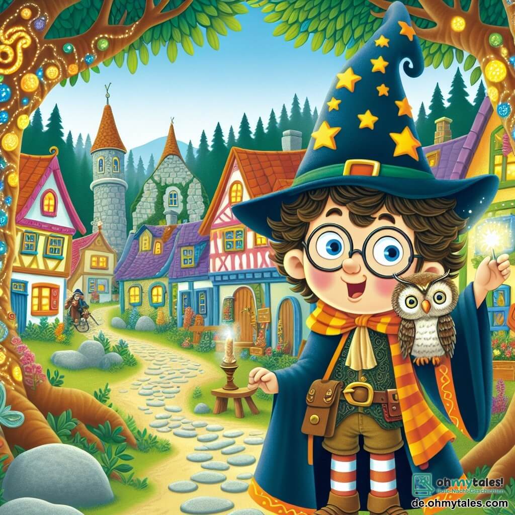 Une illustration destinée aux enfants représentant un jeune sorcier maladroit participant à un concours de magie, accompagné de son fidèle hibou bavard, dans un village enchanteur nommé Zaubersberg, où les maisons sont colorées et les rues serpentent entre les arbres magiques scintillants.