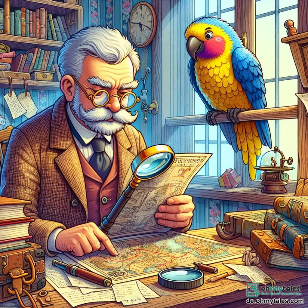 Une illustration sous forme de dessin destinée aux enfants représentant un vieux bureau en désordre, rempli de livres et de papiers, où un homme à la moustache fournie et aux lunettes rondes examine attentivement une vieille carte avec une loupe, tandis qu'un petit oiseau coloré, aux plumes jaunes et bleues, se tient sur le rebord de la fenêtre, tenant une vieille akte dans son bec, le tout dans une atmosphère de mystère et d'aventure, évoquant le thème des détectives et la quête pour retrouver des jouets disparus.
