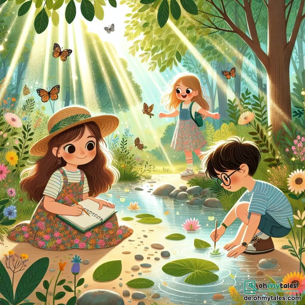 Illustration eines wunderschönen Sommernachmittags in einem grünen Wald, wo das Sonnenlicht durch die Blätter der Bäume filtert und funkelnde Muster auf den Boden wirft. In der Mitte der Szene hockt ein 11-jähriges Mädchen mit langen braunen Haaren und neugierigen Augen neben einem kleinen Bach. Sie trägt ein buntes Blumenkleid und einen Strohhut, hält ein Notizbuch in einer Hand und einen Bleistift in der anderen, bereit, die Pflanzen zu zeichnen, die sie beobachtet. Neben ihr stehen zwei Freunde: ein 12-jähriger Junge mit zerzausten blonden Haaren und einem blauen T-Shirt, der lächelt und ein kleines Papierboot hält, das er gerade in den Bach gesetzt hat, und ein 11-jähriges Mädchen mit kastanienbraunen Haaren und einer Brille, das mit einer Kamera Fotos macht und die magischen Momente ihres Abenteuers festhält. Die Hauptsituation zeigt die drei Kinder bei der Erkundung der Natur, umgeben von bunten Wildblumen, schwirrenden Schmetterlingen und zwitschernden Vögeln, was die Freude und das Staunen über die gemeinsam verbrachten Sommerferien im Wald verdeutlicht.