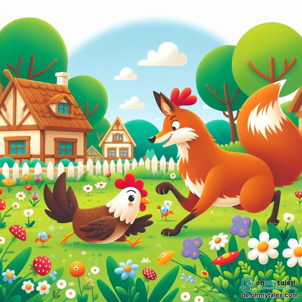 Une illustration destinée aux enfants représentant une poule courageuse et futée, confrontée à un renard menaçant, dans un petit village entouré de prairies verdoyantes et de fleurs colorées.