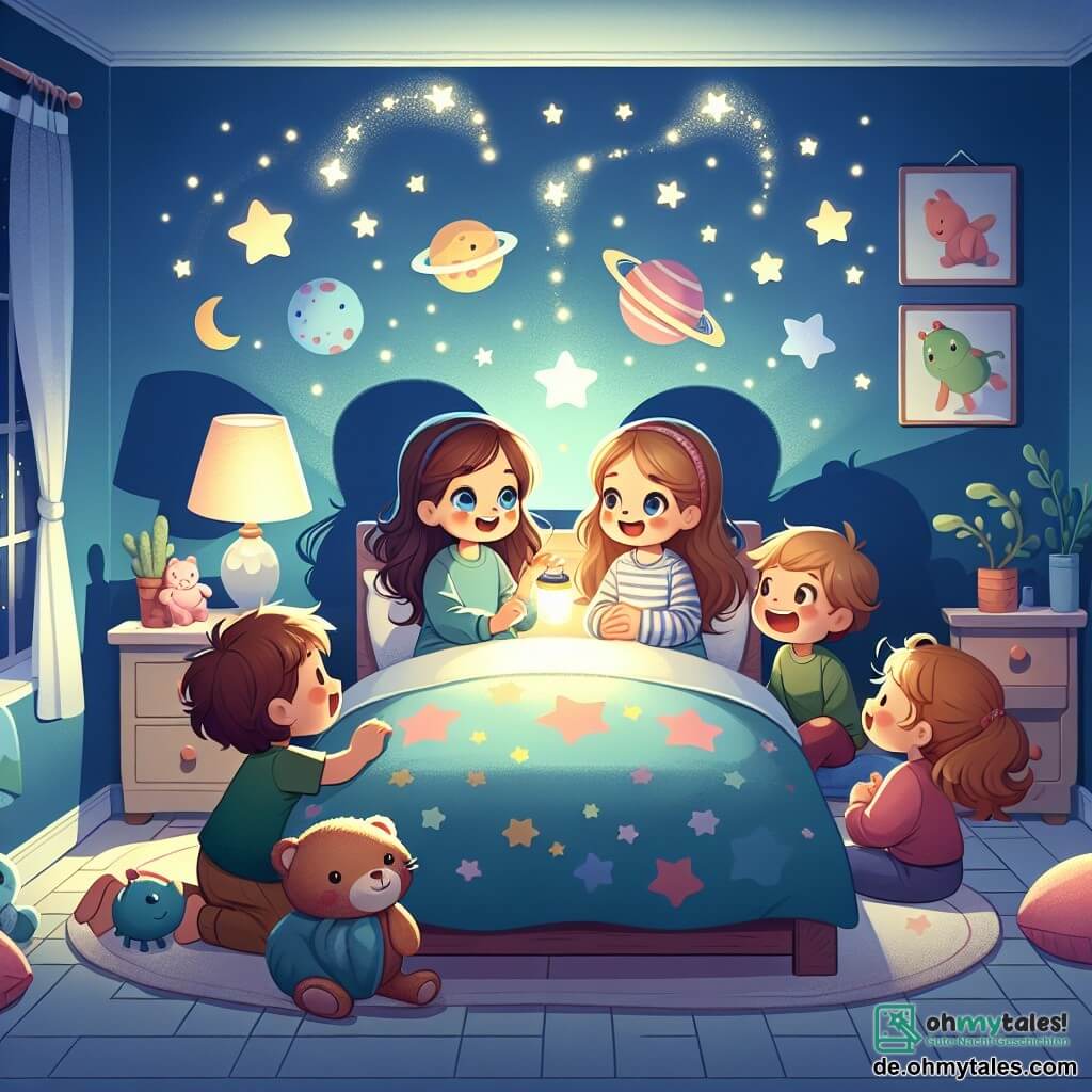 Eine Illustration zeigt ein warmes und einladendes Zimmer mit hellblauen Wänden, geschmückt mit Postern von Sternen und Planeten. In der Mitte steht ein großes Bett mit bunten Bettlaken, umgeben von weichen Plüschtieren. Das sanfte Licht einer Nachttischlampe erhellt den Raum und wirft Schatten in die Ecken. In dieser Szene liegt ein sechsjähriges Mädchen mit langen braunen Haaren und strahlenden Augen auf ihrem Bett, mit einem friedlichen Lächeln im Gesicht. Neben ihr sitzt ein anderes Mädchen ihres Alters mit kurzen, lockigen Haaren am Bettende und hält eine kleine Taschenlampe, die Sterne an die Decke projiziert. Die beiden Mädchen sind von ihren Freunden umgeben: einem sechsjährigen Jungen mit braunen Haaren, der neugierig die Lichtmuster an der Decke betrachtet, und einem anderen Mädchen mit blonden Haaren und viel Energie, das lachend eine Geschichte erzählt. Die Hauptsituation zeigt die Kinder, die zusammenkommen, Geschichten und Lachen teilen und die Angst vor der Nacht in ein fröhliches Abenteuer verwandeln. Durch das offene Fenster sind leuchtende Sterne sichtbar, die der Atmosphäre einen magischen Touch verleihen. Plüschtiere liegen um sie herum, und eine Decke ist auf den Boden gelegt, was einen Spiel- und Freundschaftsraum schafft.