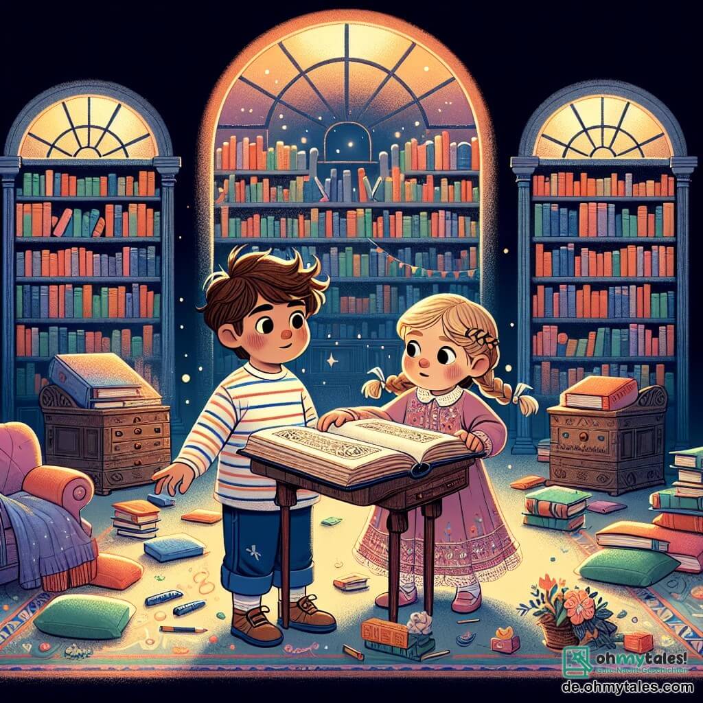 Une illustration sous forme de dessin destinée aux enfants représentant une grande et lumineuse bibliothèque avec des étagères remplies de livres colorés, au centre un petit garçon de 2 ans aux cheveux bruns en désordre, portant un t-shirt rayé et un pantalon bleu, qui regarde curieusement un vieux bureau poussiéreux, tandis qu'à ses côtés, une petite fille de 2 ans aux cheveux blonds tressés, vêtue d'une robe rose, pointe du doigt un livre ancien ouvert, illustrant leur quête pour retrouver les livres disparus, entourés de coussins moelleux et de jouets éparpillés, créant une ambiance d'aventure et de mystère.