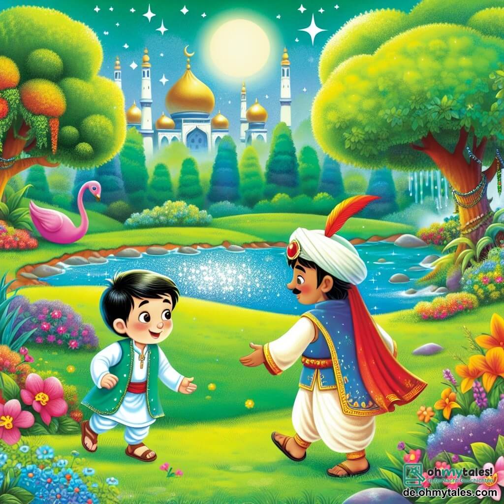Une illustration destinée aux enfants représentant un garçon curieux faisant la rencontre d'un nouvel ami venu d'un lointain pays, dans un parc verdoyant aux arbres majestueux, fleurs colorées et un lac scintillant.
