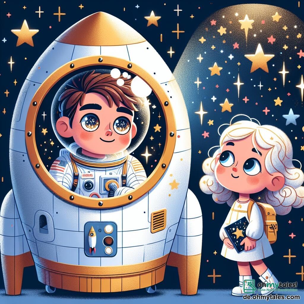 Une illustration sous forme de dessin destinée aux enfants représentant l'intérieur d'une grande et colorée fusée spatiale, avec un homme astronaute aux cheveux bruns et aux yeux pétillants, vêtu d'une combinaison spatiale blanche, regardant avec émerveillement à travers un hublot vers un ciel étoilé, tandis qu'une petite fille aux cheveux blonds et bouclés, avec un sourire curieux, se tient sur la Terre, tenant un livre sur les étoiles et levant les yeux vers la fusée, illustrant le rêve d'exploration et d'apprentissage partagé entre eux.