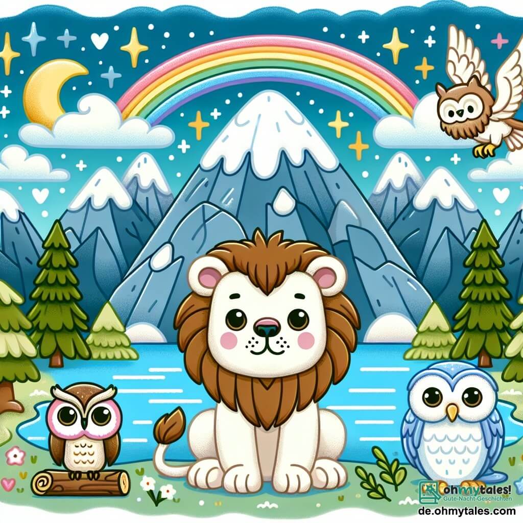 Une illustration destinée aux enfants représentant un jeune lion courageux, une mystérieuse lumière colorée, une sage chouette et un lac scintillant entouré de majestueuses montagnes enneigées.